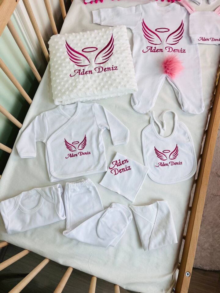 Nakışlı Beyaz Pembe Hastane Çıkış Seti Yastıklı Tam Set