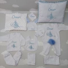 Nakışlı Beyaz Mavi Hastane Çıkış Seti Yastıklı Tam Set