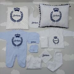 Nakışlı Beyaz Lacivert Hastane Çıkış Seti Yastıklı Tam Set