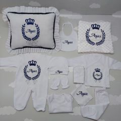 Nakışlı Beyaz Lacivert Hastane Çıkış Seti Yastıklı Tam Set