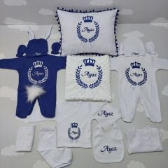 Nakışlı Beyaz Lacivert 14 Parça Hastane Çıkış Seti