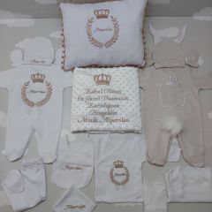 Nakışlı Beyaz Bej 14 Parça Hastane Çıkış Seti
