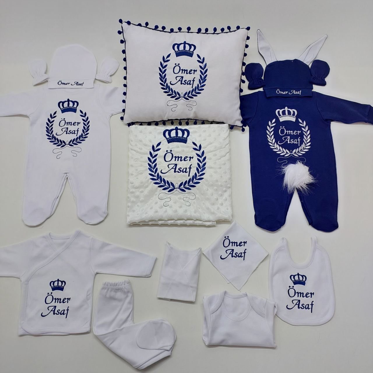 Nakışlı Beyaz Lacivert Desenli 14 Parça Hastane Çıkış Seti