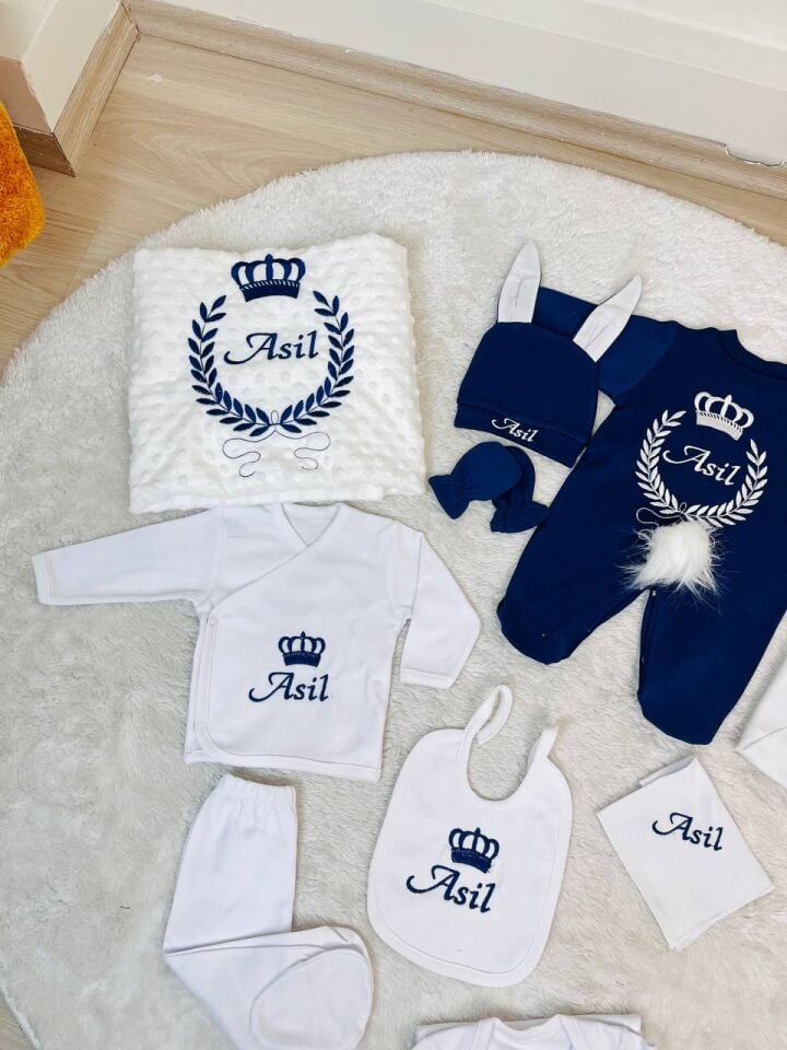 Nakışlı Beyaz Lacivert 10 Parça Hastane Çıkış Seti