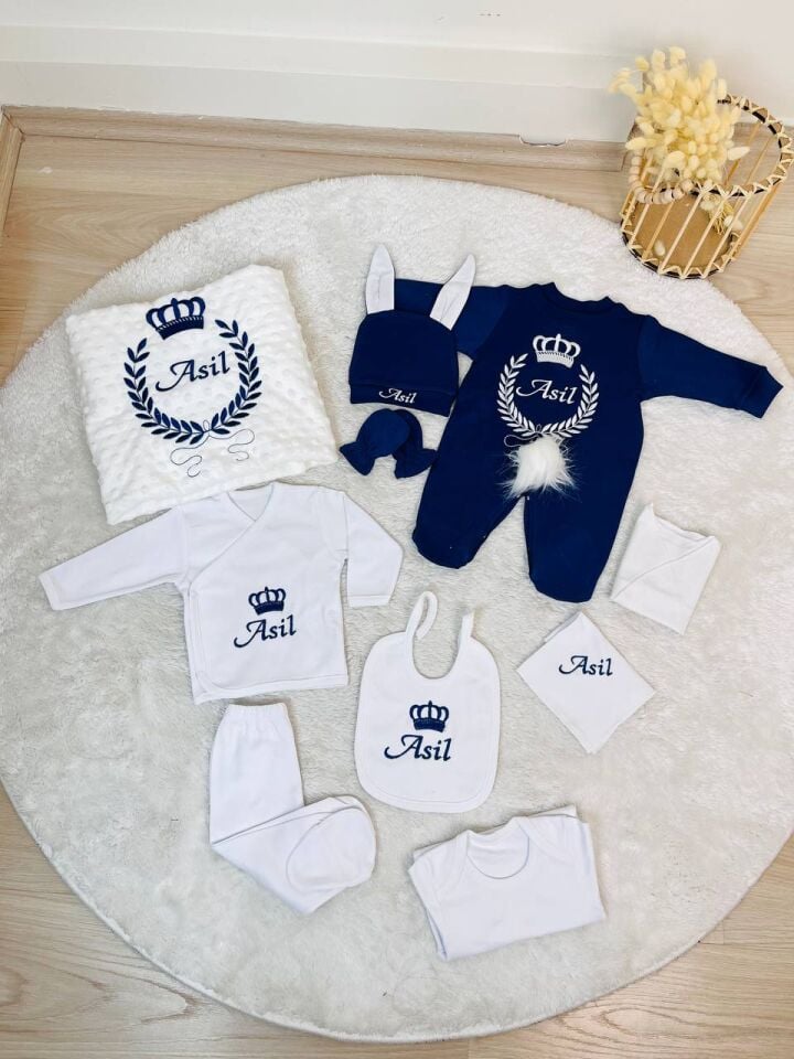 Nakışlı Beyaz Lacivert 10 Parça Hastane Çıkış Seti