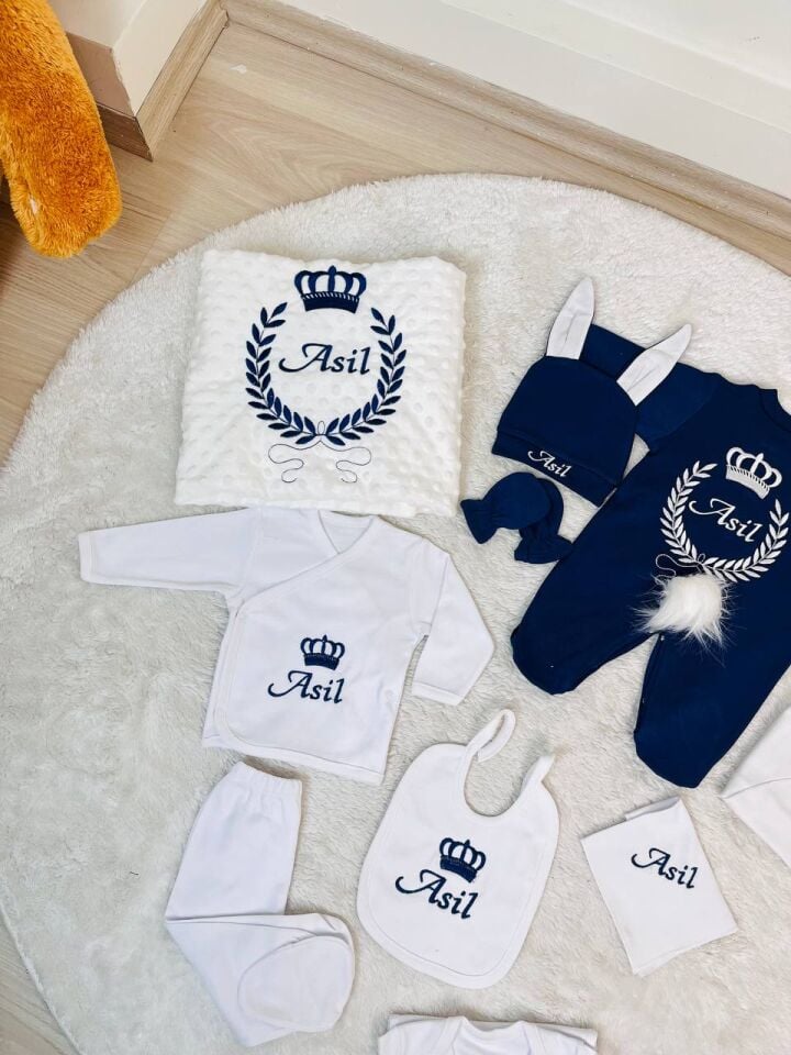 Nakışlı Beyaz Lacivert 10 Parça Hastane Çıkış Seti