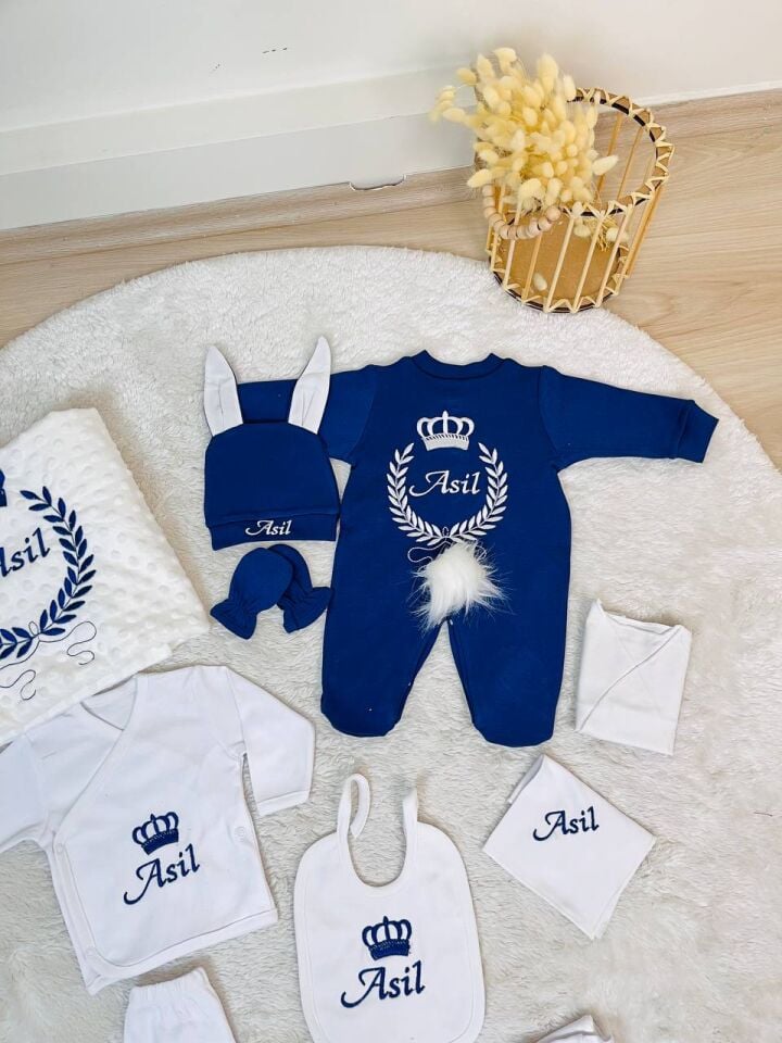 Nakışlı Beyaz Lacivert 10 Parça Hastane Çıkış Seti