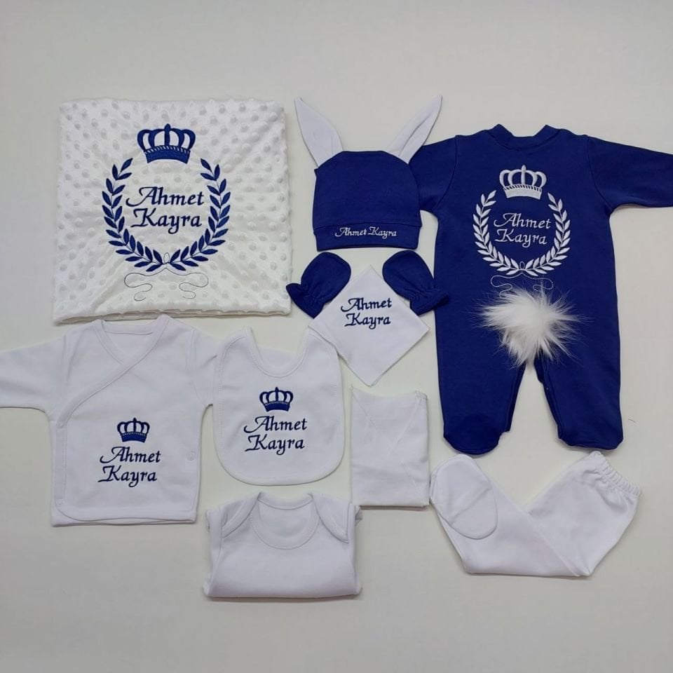 Nakışlı Beyaz Lacivert 10 Parça Hastane Çıkış Seti