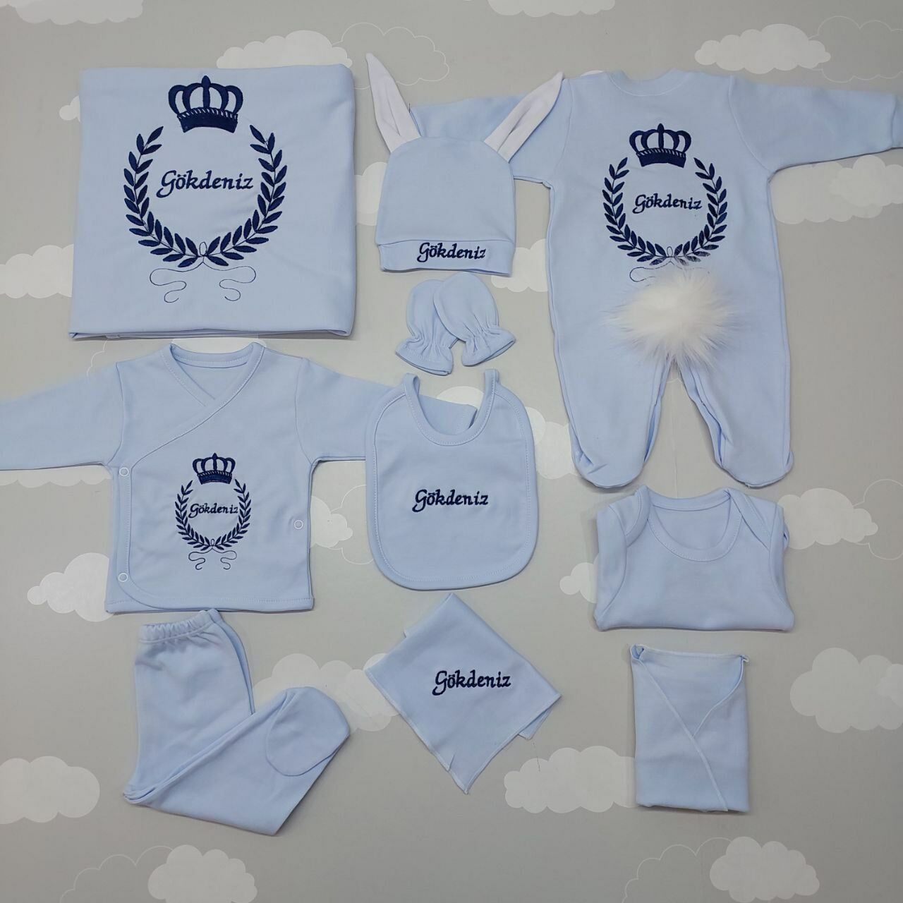 Nakışlı Mavi 10 Parça Hastane Çıkış Seti