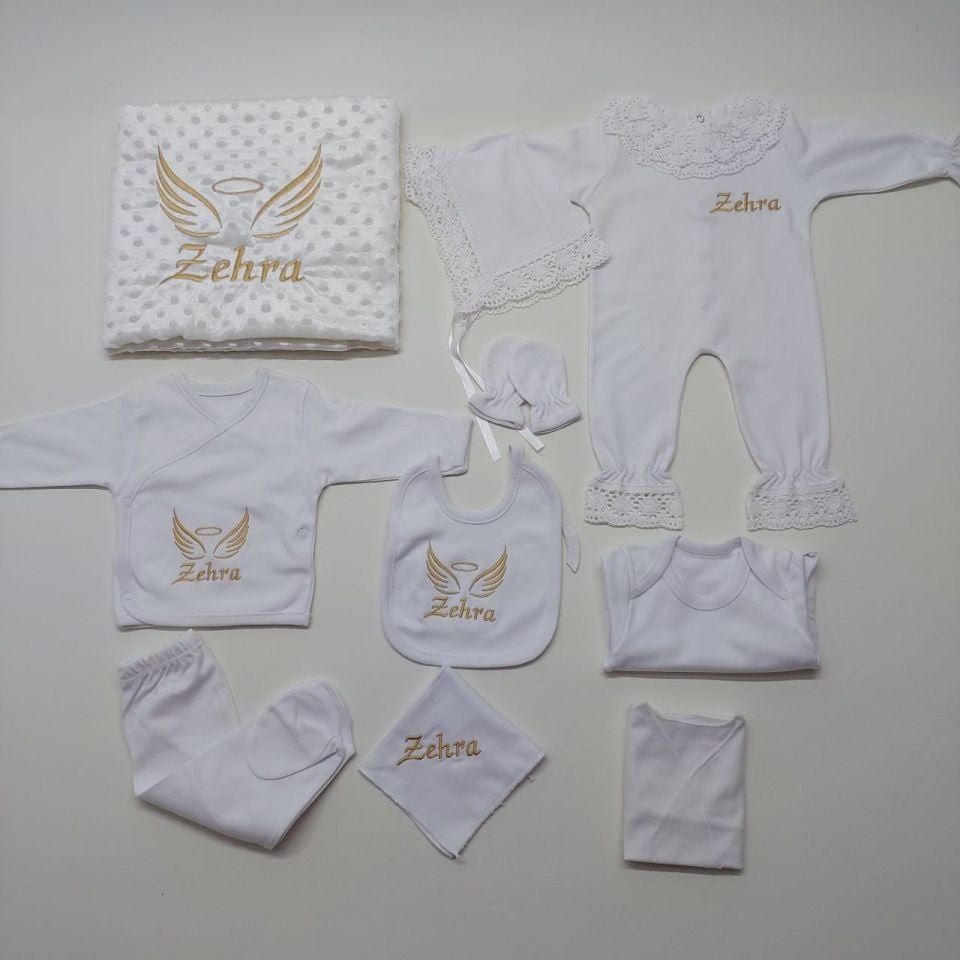 Nakışlı Dantelli Beyaz 10 Parça Hastane Çıkış Seti