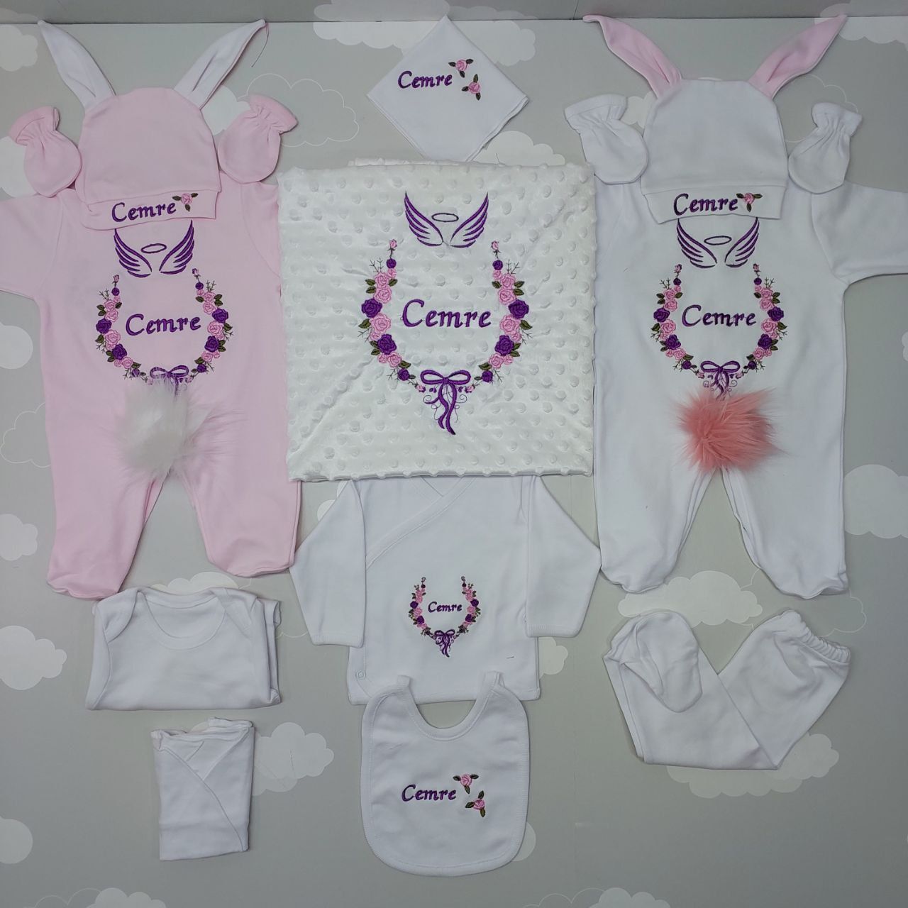 Nakışlı Beyaz Pembe 13 Parça Hastane Çıkış Seti