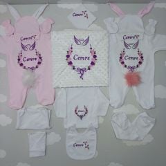 Nakışlı Beyaz Pembe 13 Parça Hastane Çıkış Seti