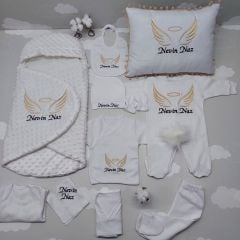 Kundaklı Nakışlı Beyaz Gold Tam Set