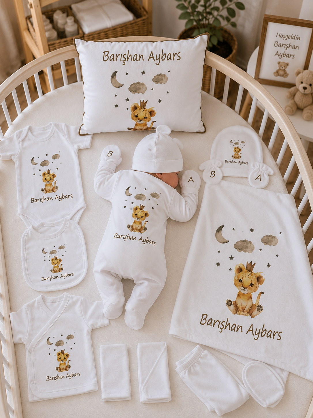 12 Parça Beyaz Turuncu Desenli Baskılı Hastane Çıkış Set