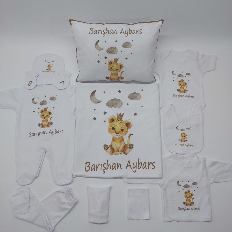 12 Parça Beyaz Turuncu Desenli Baskılı Hastane Çıkış Set