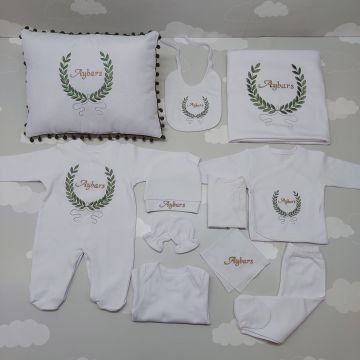 Nakışlı Beyaz Yeşil Hastane Çıkış Seti Yastıklı Tam Set