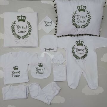Nakışlı Beyaz Yeşil Hastane Çıkış Seti Yastıklı Tam Set