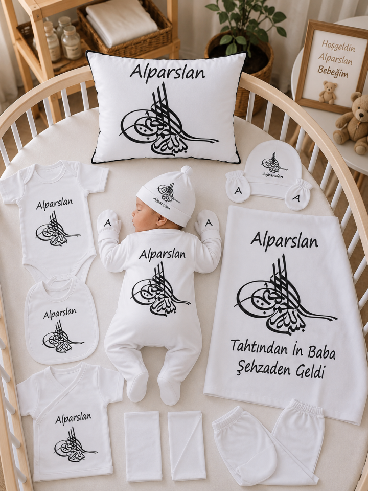 12 Parça Baskılı Beyaz Siyah Hastane Çıkış Set