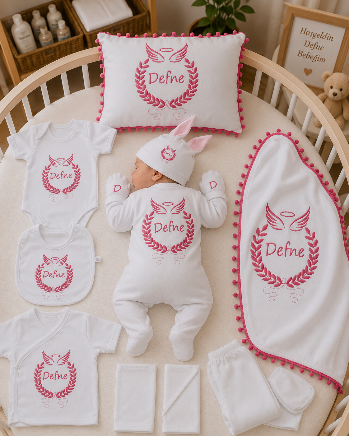 12 Parça Baskılı Beyaz Pembe Hastane Çıkış Set