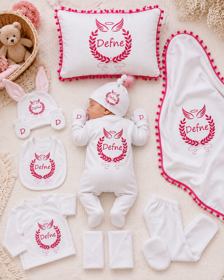12 Parça Baskılı Beyaz Pembe Hastane Çıkış Set