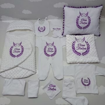 Avantajlı 12 Parça Beyaz Mor Nakışlı Set