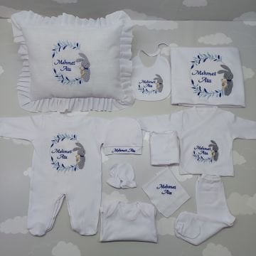 Nakışlı Beyaz Mavi Desen Hastane Çıkış Seti Yastıklı Tam Set