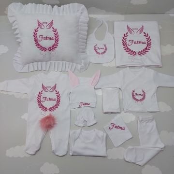 Nakışlı Beyaz Pembe Desen Hastane Çıkış Set Yastıklı Tam Set