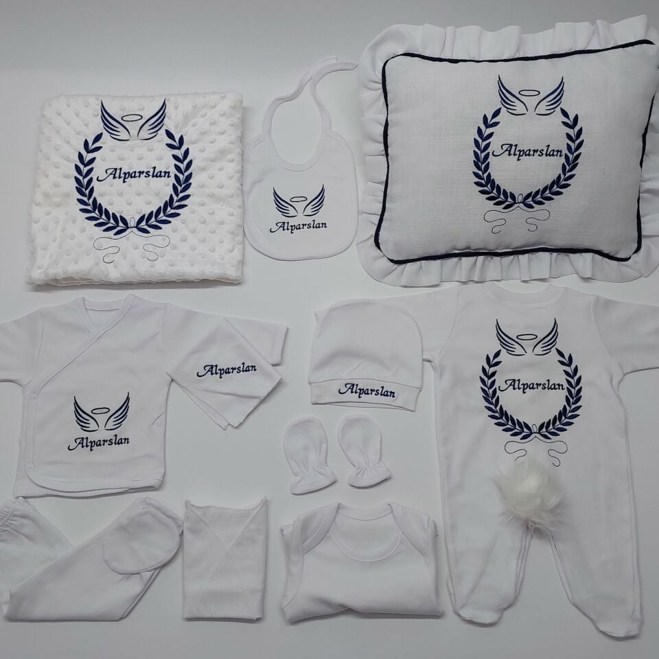 Nakışlı Beyaz Laci Desen Hastane Çıkış Seti Yastıklı Tam Set