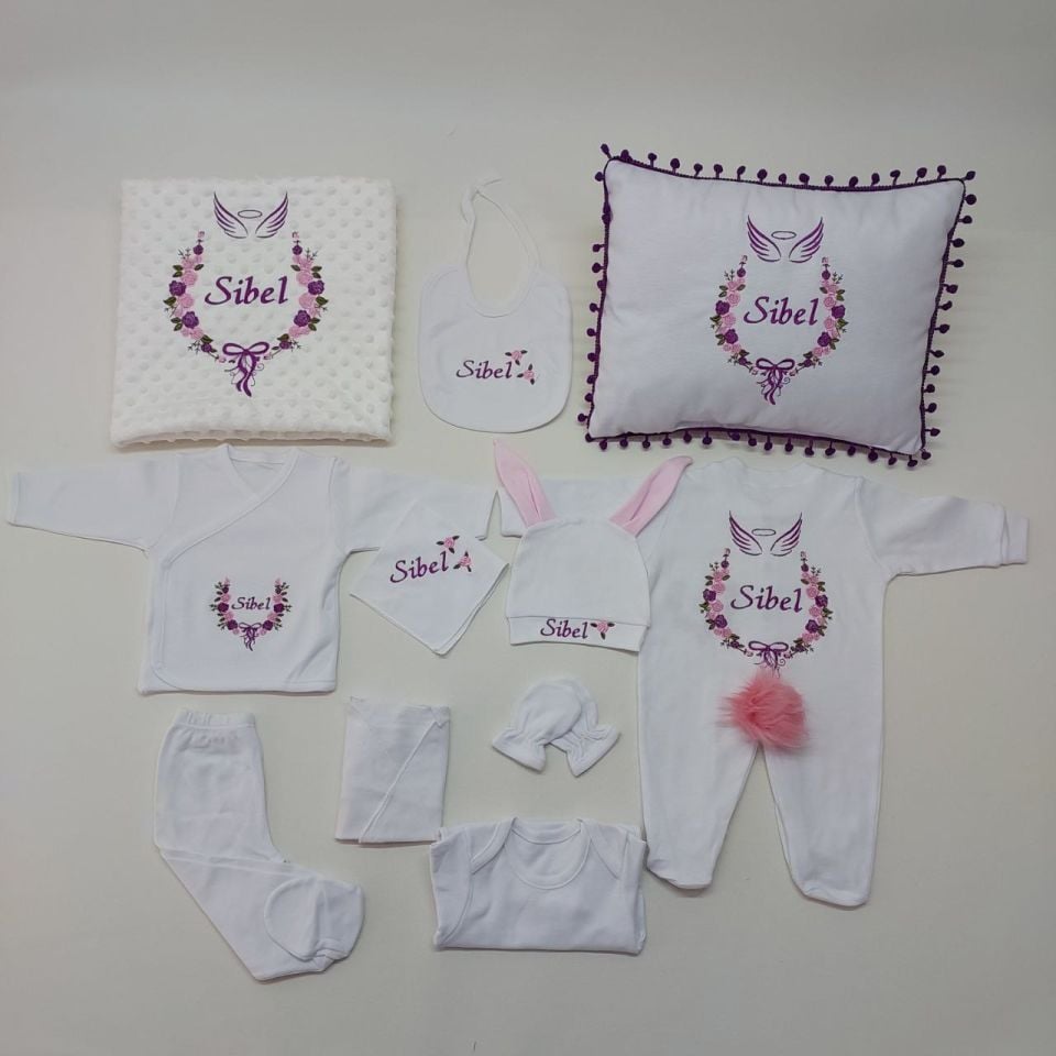 Nakışlı Beyaz Mor Desen Hastane Çıkış Seti Yastıklı Tam Set