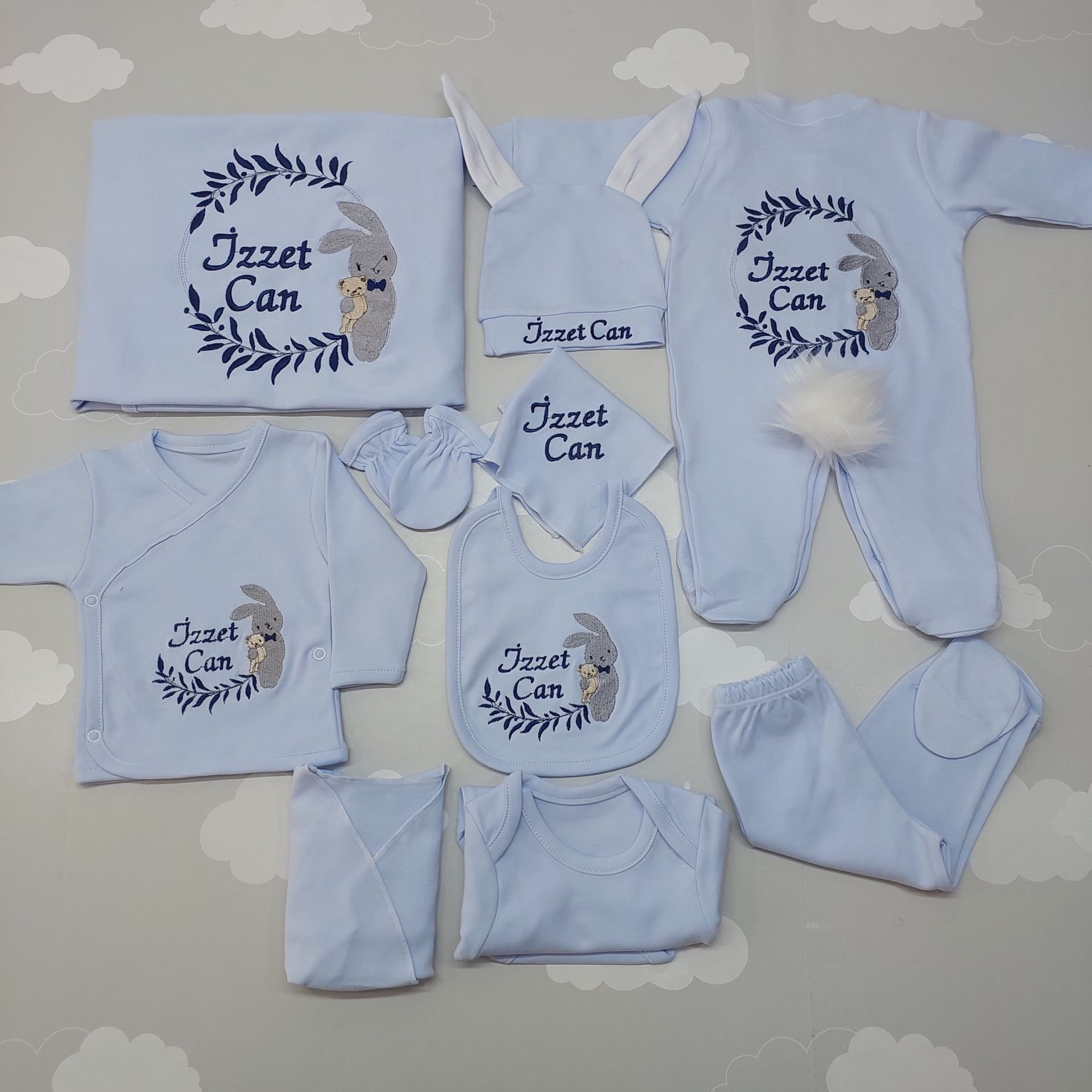 Nakışlı 10 Parça Mavi Desenli Hastane Çıkış Seti