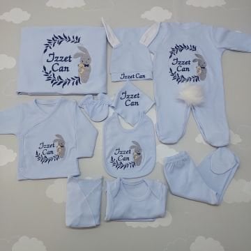 Nakışlı 10 Parça Mavi Desenli Hastane Çıkış Seti