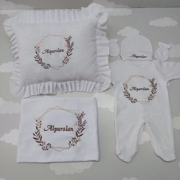 Nakışlı 5 Parça Beyaz Kahverengi Desenli Set