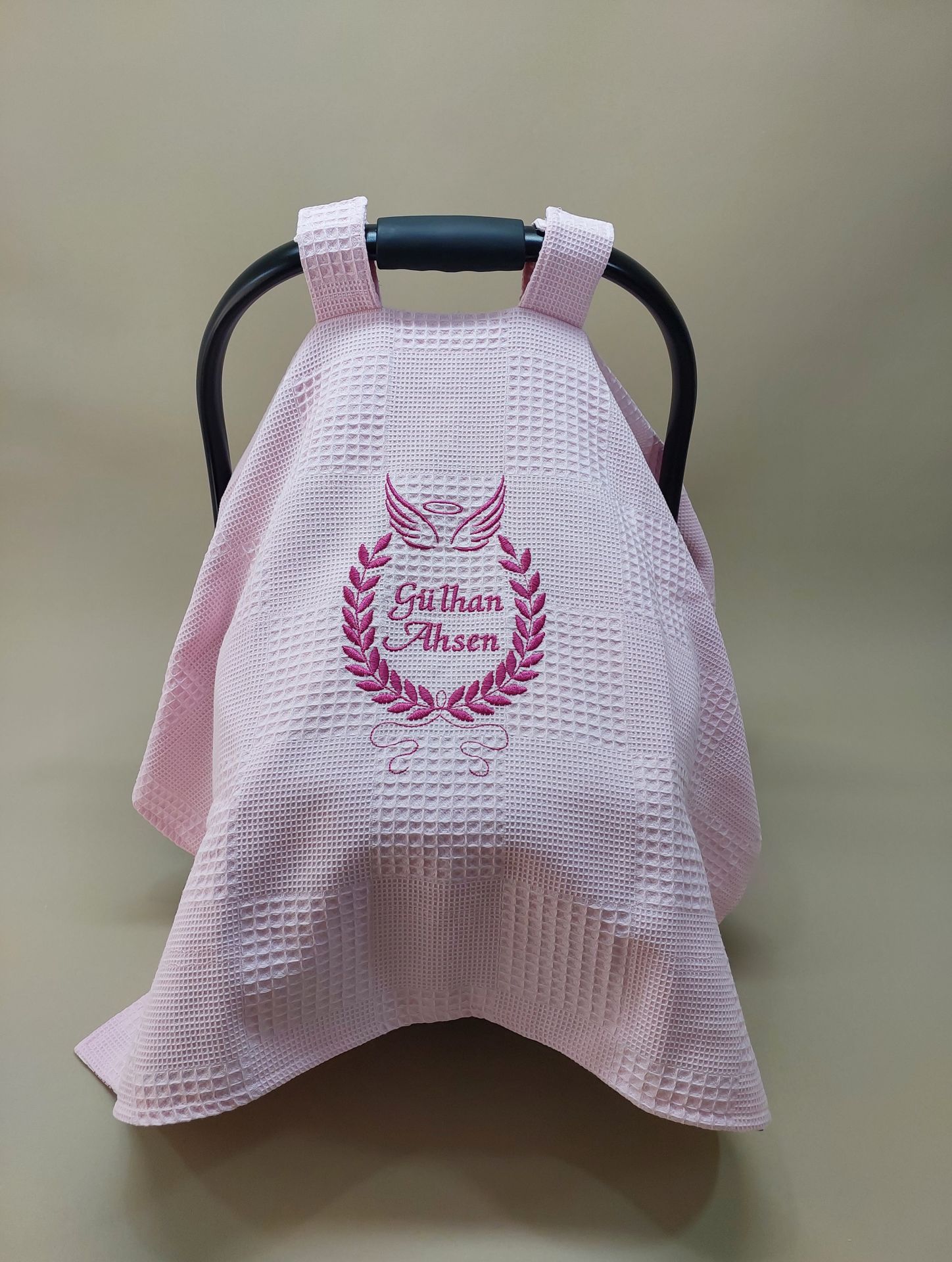 Nakışlı Çift Taraflı Prenses Desen Pembe Puset Örtüsü Takımı