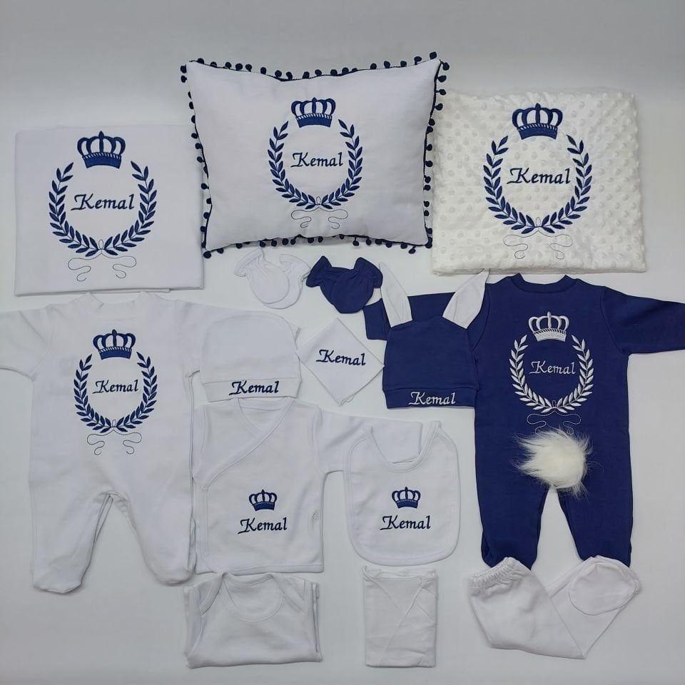 Nakışlı Lacivert Desenli 15 Parça Hastane Çıkış Seti