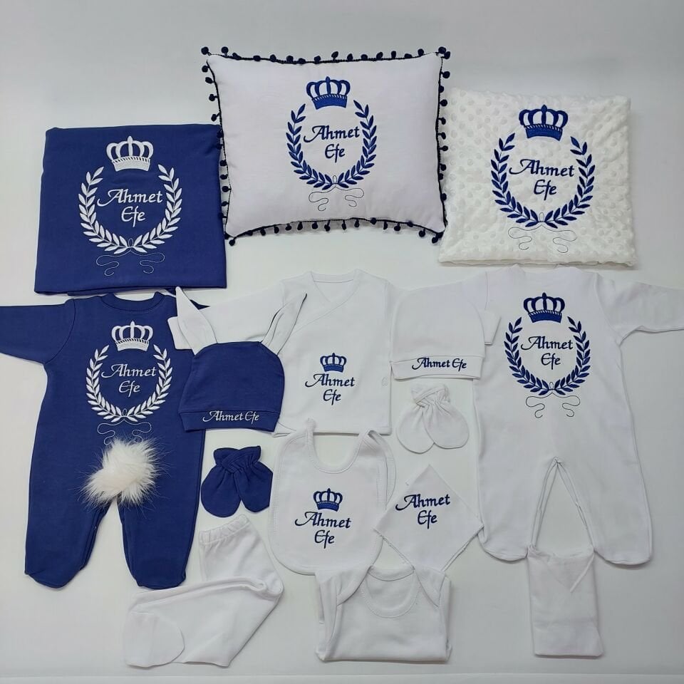 Nakışlı  15 Parça Lacivert Desenli Hastane Çıkış Seti