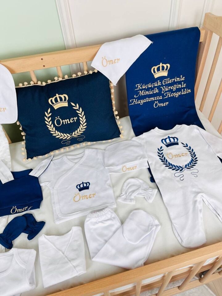 Nakışlı Lacivert Gold Desenli 15 Parça Hastane Çıkış Seti