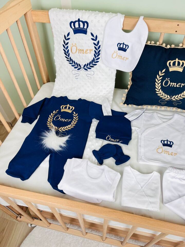 Nakışlı Lacivert Gold Desenli 15 Parça Hastane Çıkış Seti