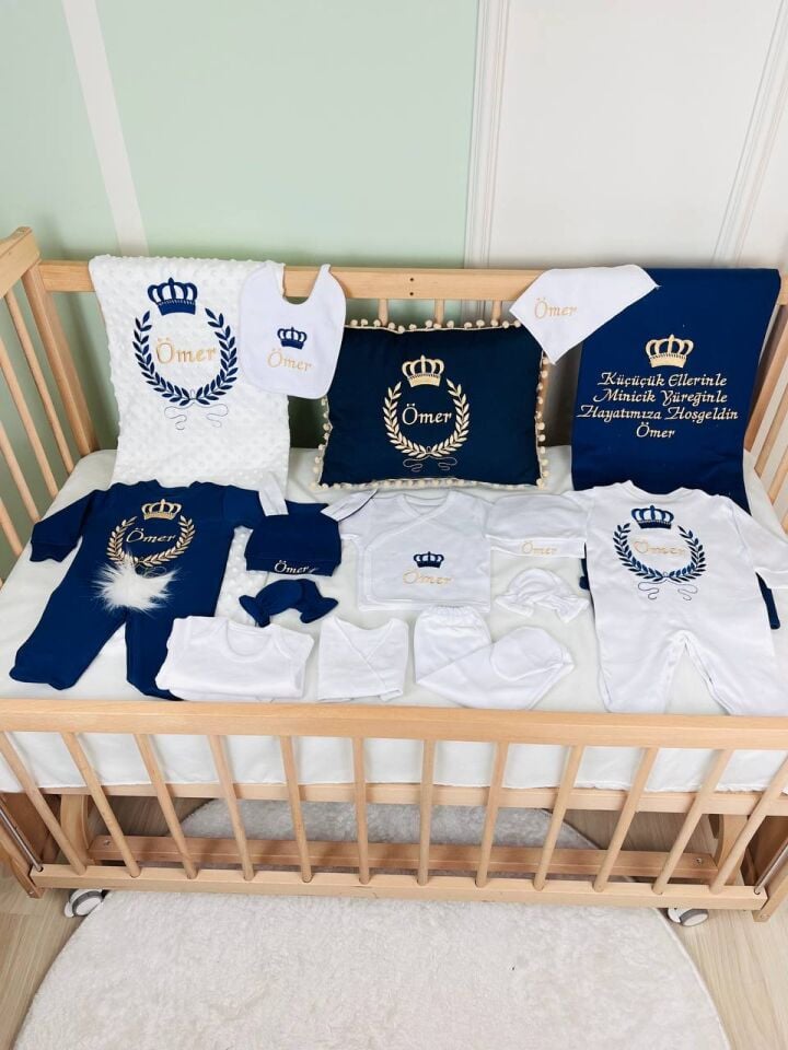 Nakışlı Lacivert Gold Desenli 15 Parça Hastane Çıkış Seti