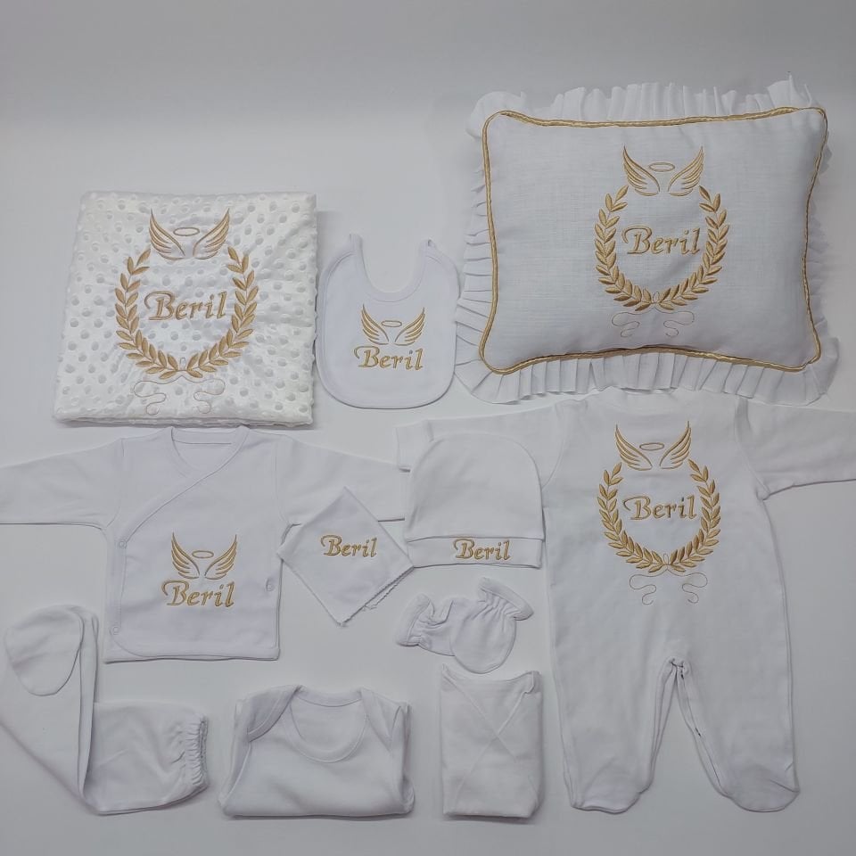 Nakışlı Gold Desenli Hastane Çıkış Seti Yastıklı Tam Set