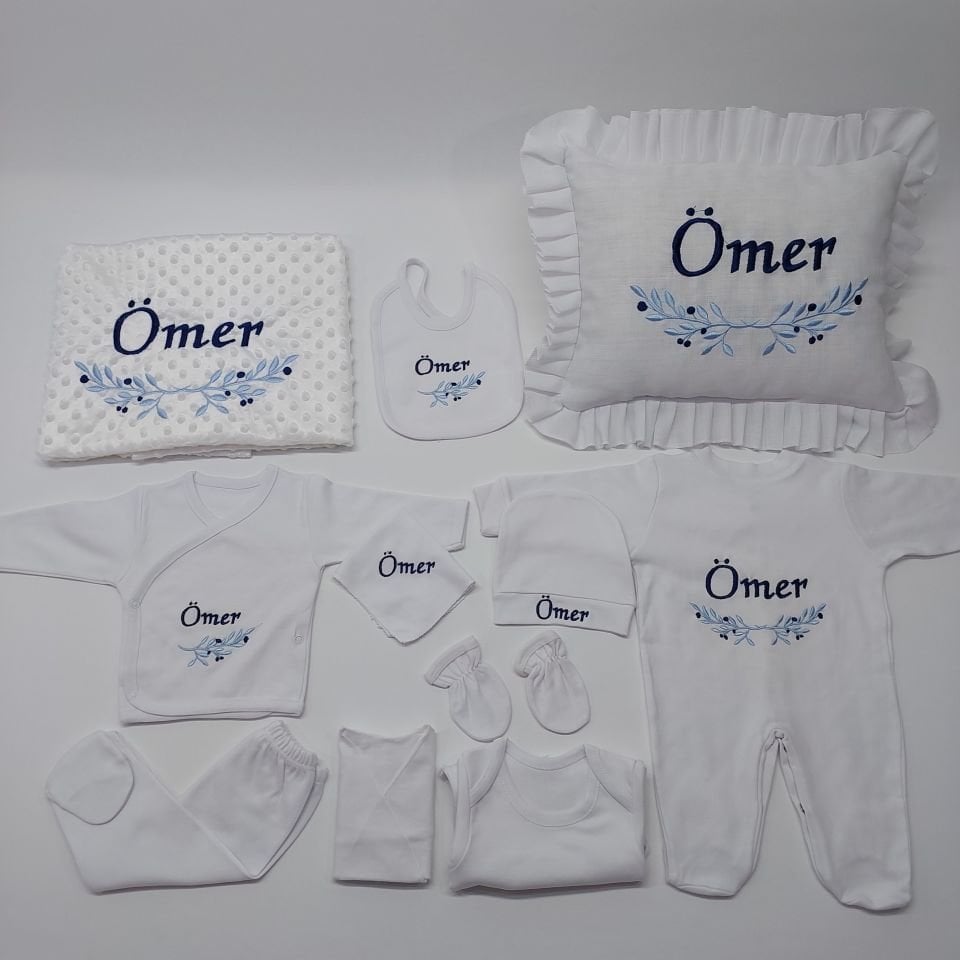 Nakışlı Laci Mavi Desen Hastane Çıkış Seti Yastıklı Tam Set