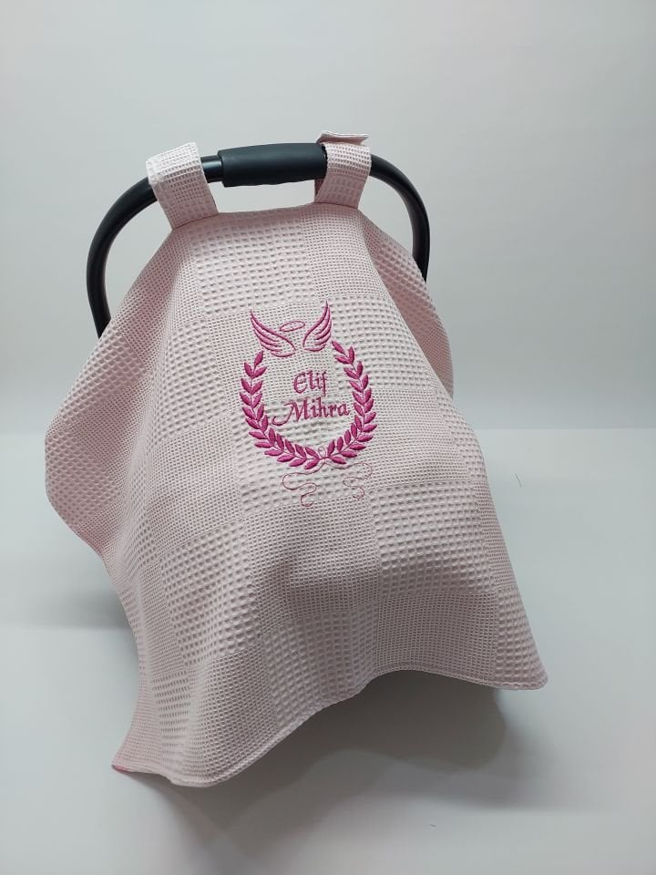Nakışlı Çift Taraflı Bulut Desenli Pembe Puset Örtüsü Takımı