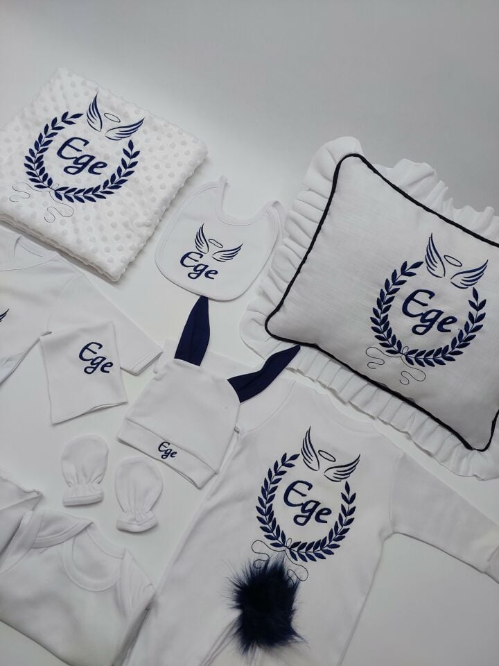 Nakışlı Beyaz Laci Desen Hastane Çıkış Seti Yastıklı Tam Set