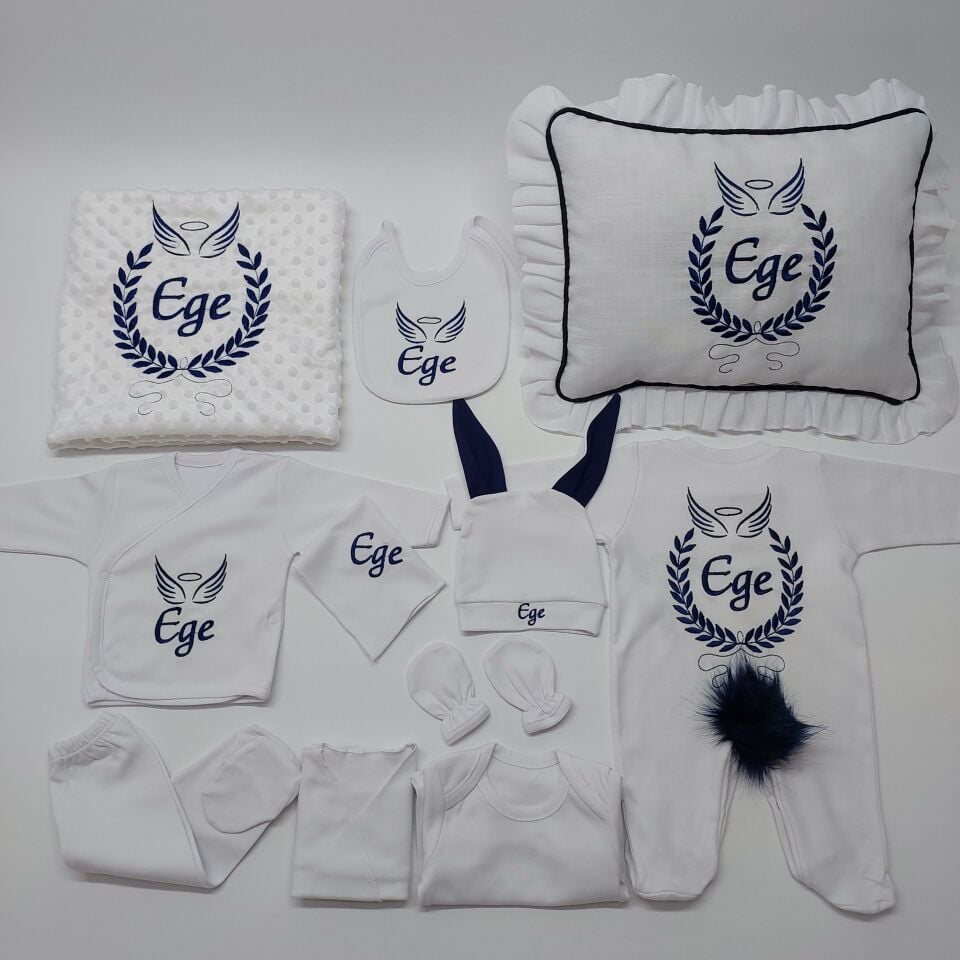 Nakışlı Beyaz Laci Desen Hastane Çıkış Seti Yastıklı Tam Set