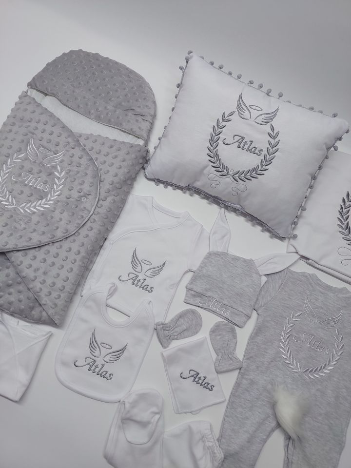 Avantajlı 12 Parça Gri Beyaz Nakışlı Set