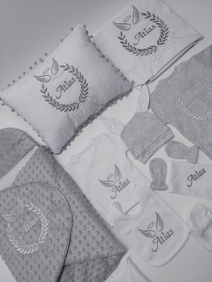 Avantajlı 12 Parça Gri Beyaz Nakışlı Set