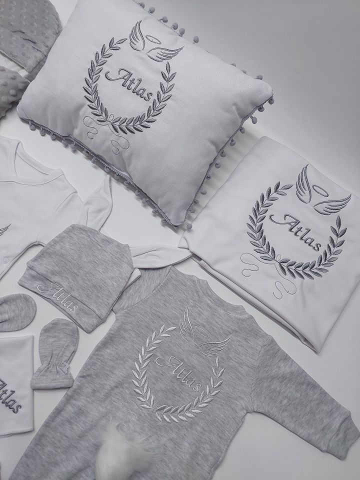 Avantajlı 12 Parça Gri Beyaz Nakışlı Set