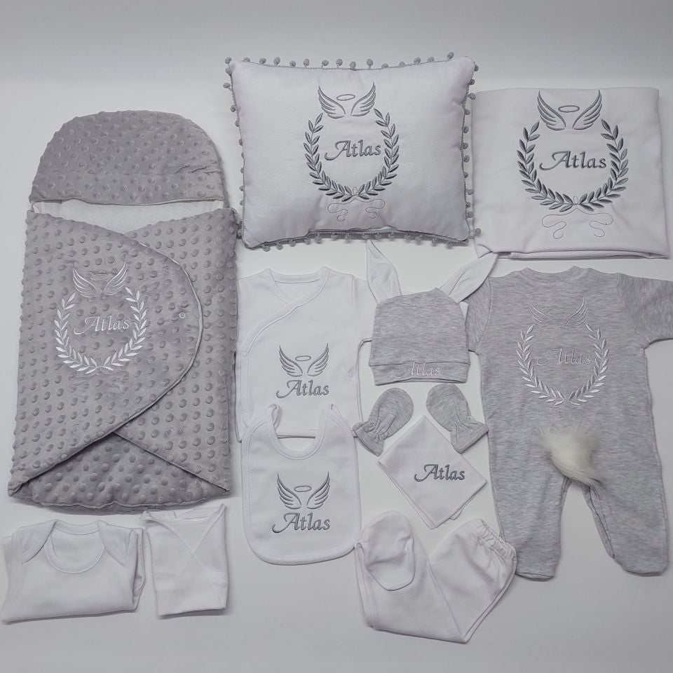 Avantajlı 12 Parça Gri Beyaz Nakışlı Set