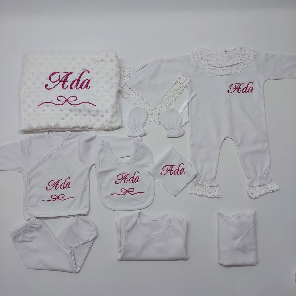 Nakışlı Dantelli Beyaz 10 Parça Hastane Çıkış Seti