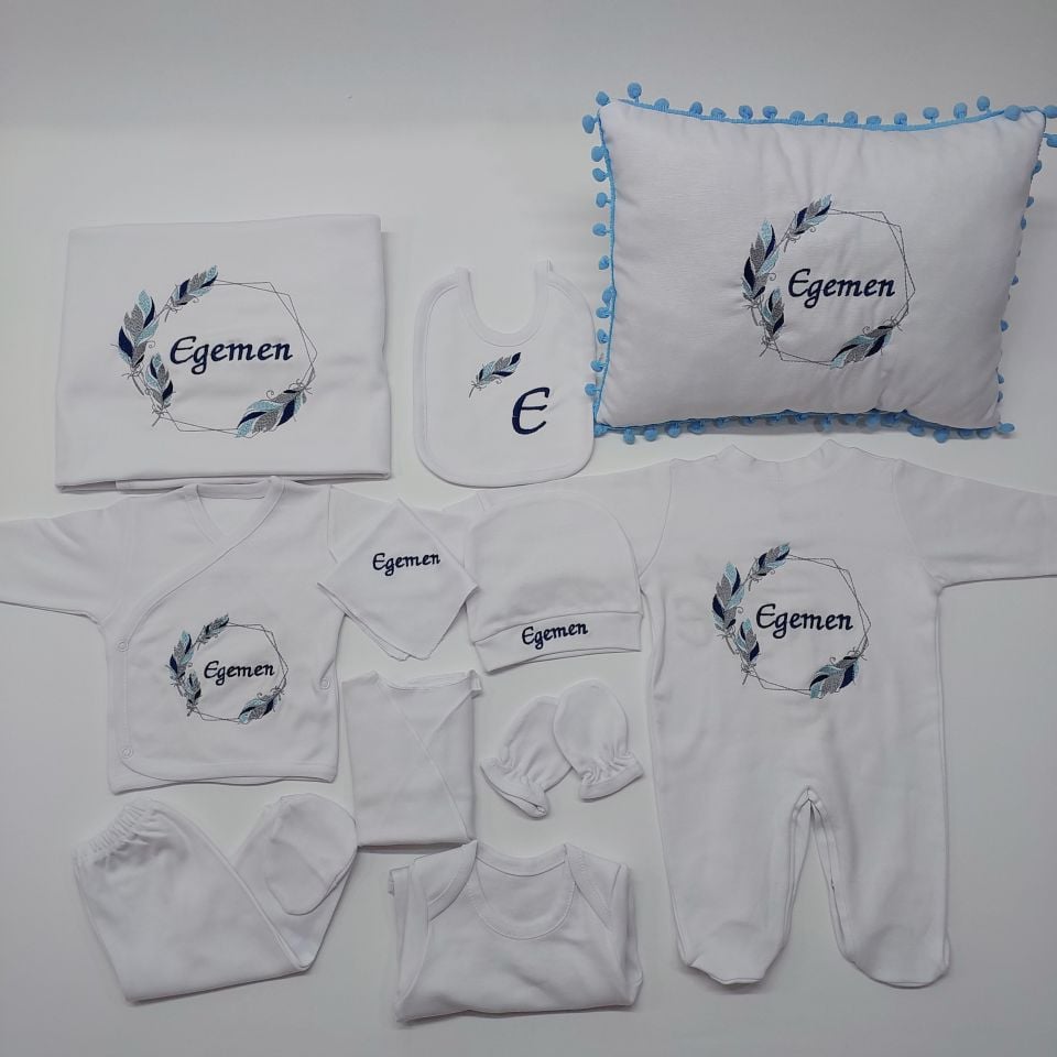 Kuş Tüyü Nakışlı Hastane Çıkış Seti Yastıklı Tam Set