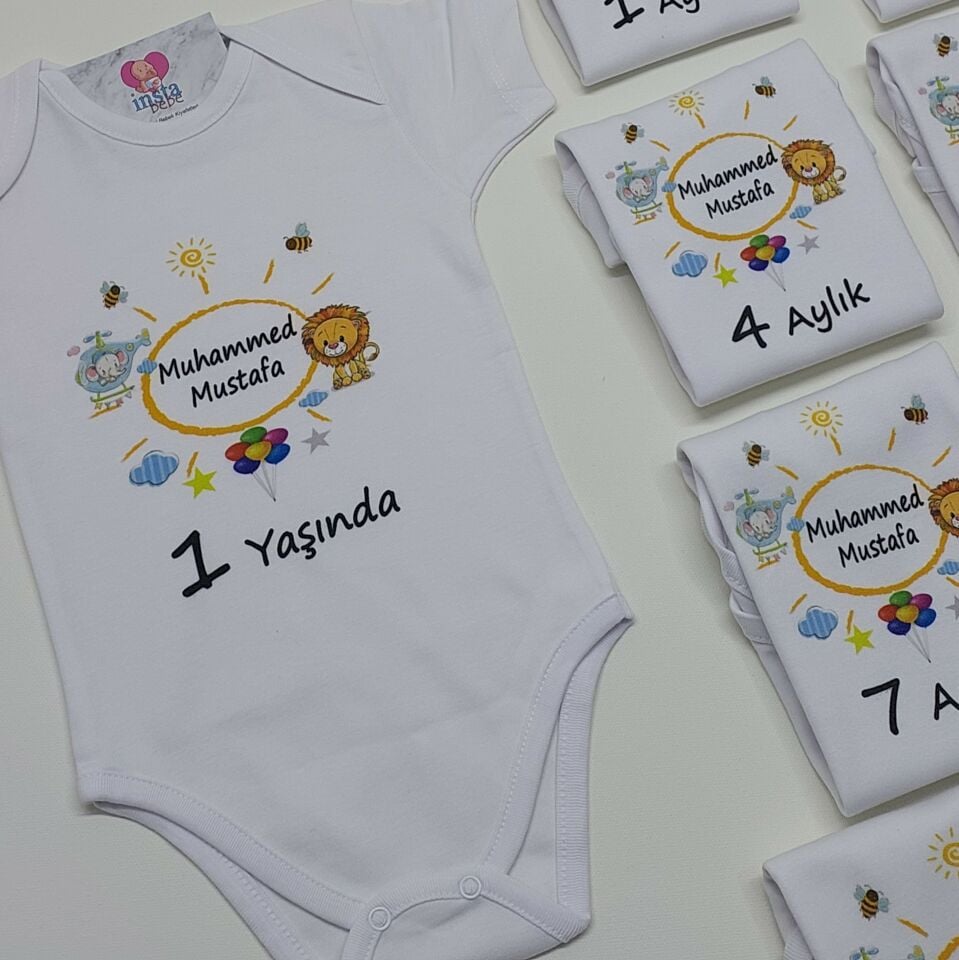 12 Aylık Aslan Helikopter Desenli Baskılı  Zıbın Seti